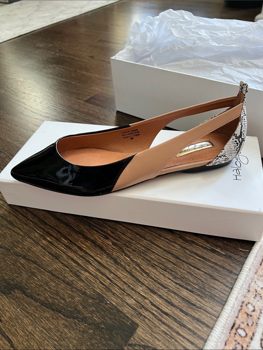Halogen Pointed Toe Hakylie Flat in Black Tan with Snake-Print Heel, size 9, NIB